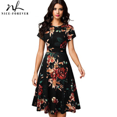 Nice-forever Vintage Elegant Floral Print Pleated