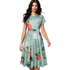 Nice-forever Vintage Elegant Floral Print Pleated