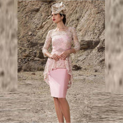 Latest Charming Pink Short Lace Jewel Neck Mother