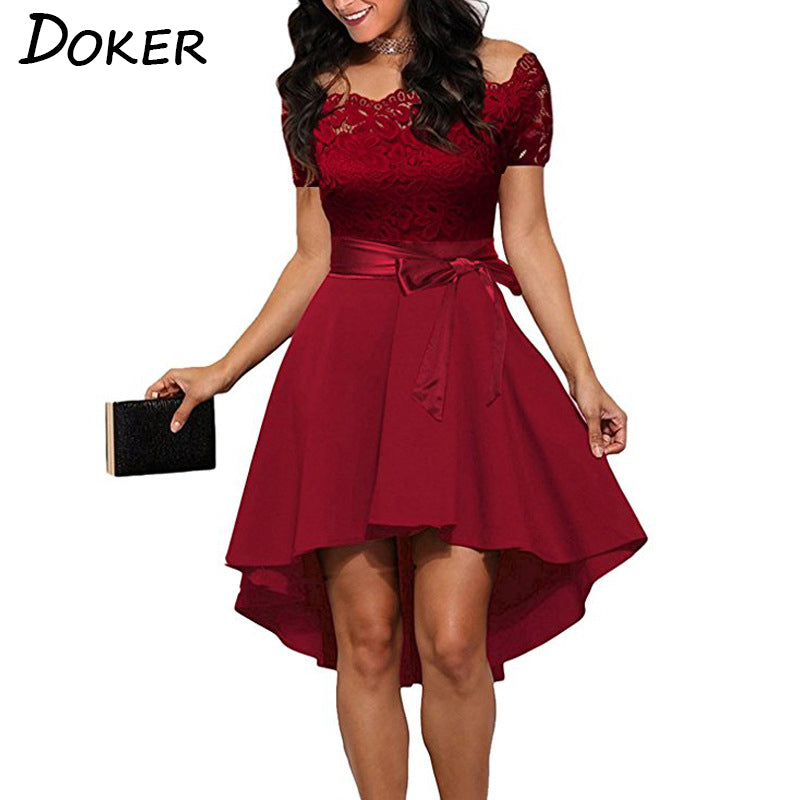 Elegant Red Lace Dress Women Patchwork Slash