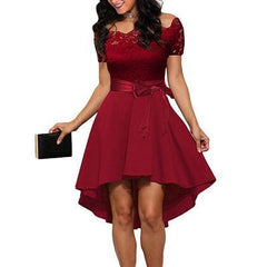 Elegant Red Lace Dress Women Patchwork Slash