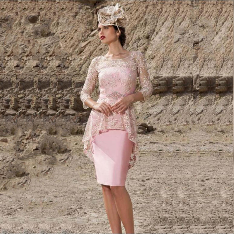 Latest Charming Pink Short Lace Jewel Neck Mother