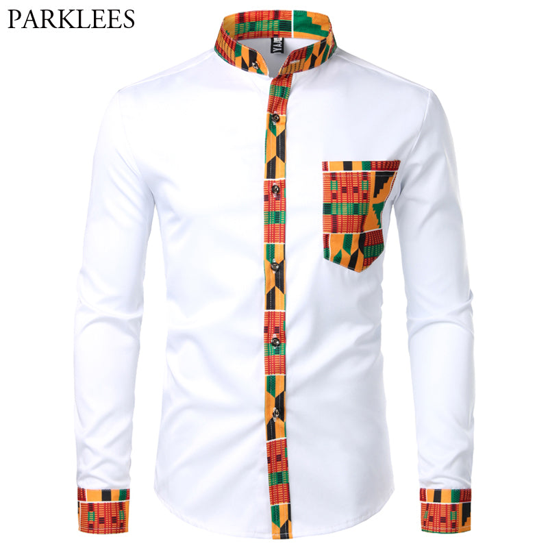 Dashiki African Mens Shirt Patchwork Pocket Africaine