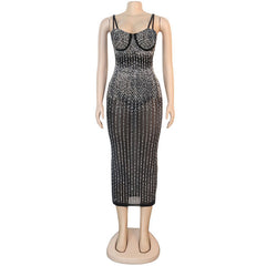 Kricesseen Sexy Sequin Glitter Crystal Midi Dress