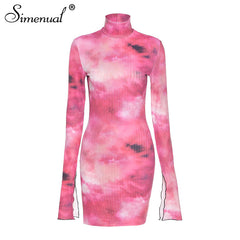 Simenual Tie Dye Mock Neck Bodycon Dresses For Women