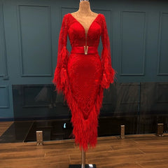 Luxury Feathers Red Short Evening Dress