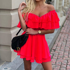 Elegant Off Shoulder Ruffle Fit Flare Dress