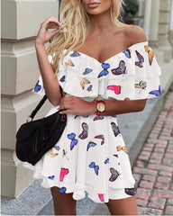 Elegant Off Shoulder Ruffle Fit Flare Dress