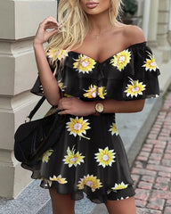 Elegant Off Shoulder Ruffle Fit Flare Dress