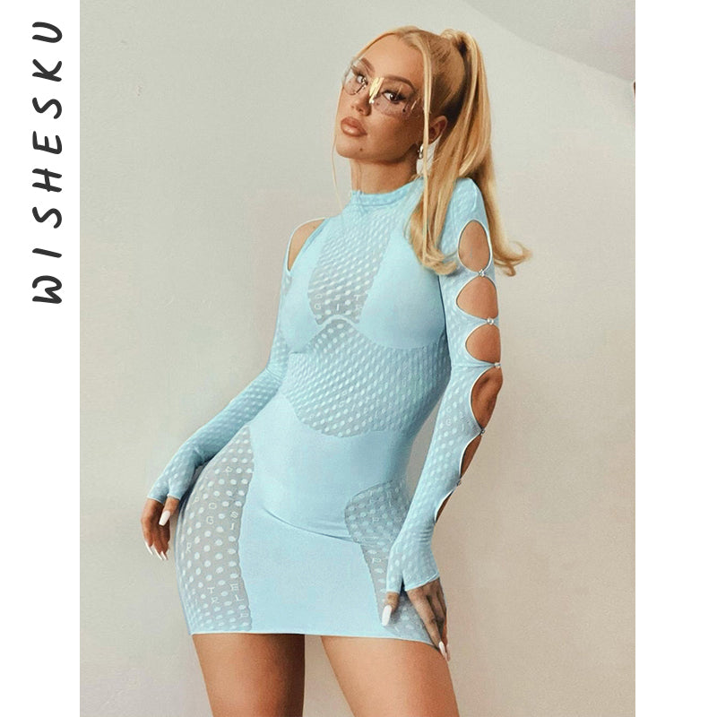 Sexy Hollow Out Long Sleeve Bodycon Dress Women