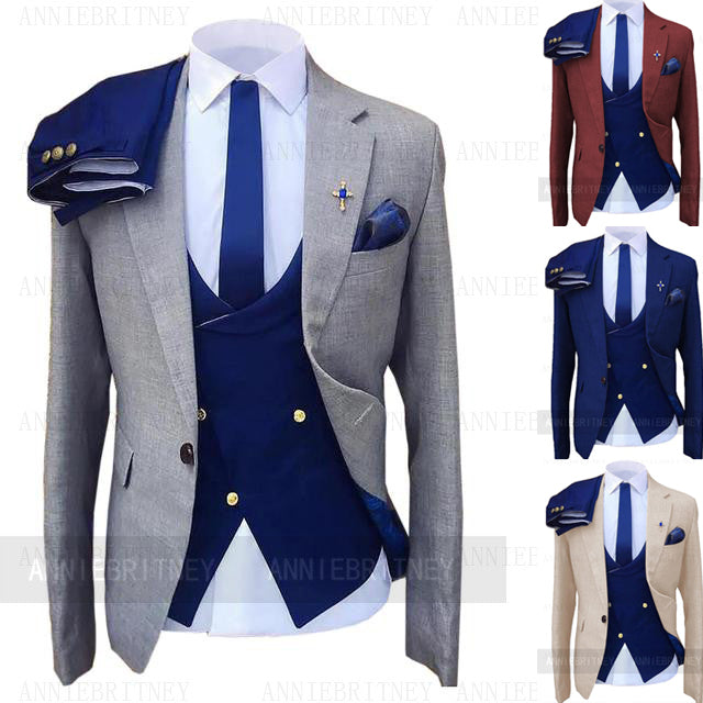 Fashion Wedding Suit For Men Yellow Coat Blue Vest Pants