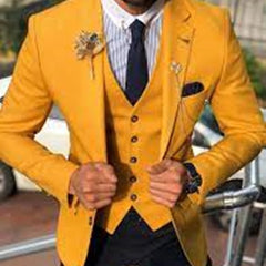 Fashion Wedding Suit For Men Yellow Coat Blue Vest Pants