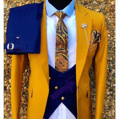 Fashion Wedding Suit For Men Yellow Coat Blue Vest Pants