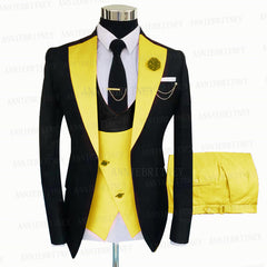 Fashion Wedding Suit For Men Yellow Coat Blue Vest Pants