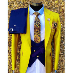 Fashion Wedding Suit For Men Yellow Coat Blue Vest Pants