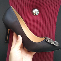 Black Satin Cloth Rhinestones High Heels