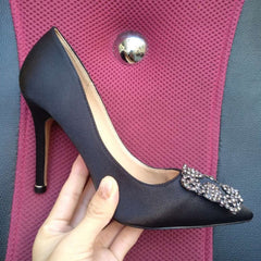 Black Satin Cloth Rhinestones High Heels