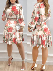 Autumn Women Floral Print Shirred Ruffle Dress