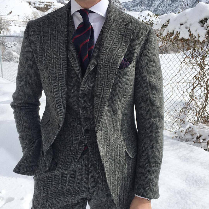 Gray Wool Tweed Winter Men Suit