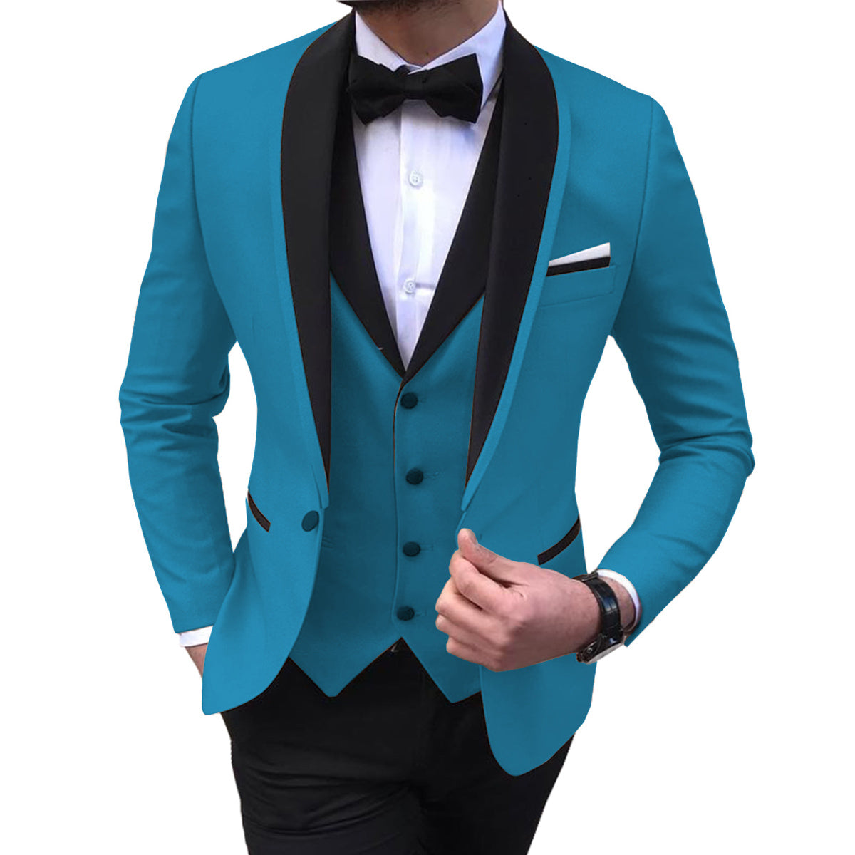 Blue Slit Mens Suits 3 Piece Black Shawl