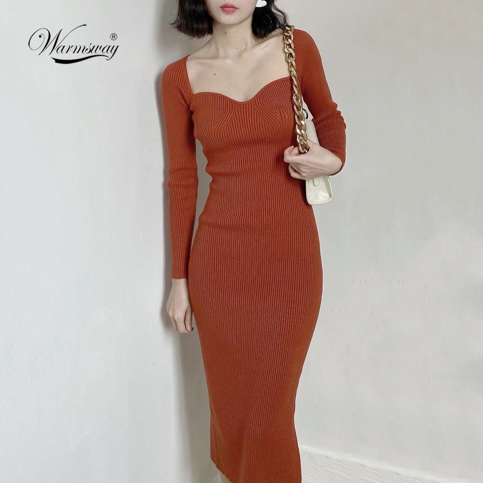 Square Neck Ribbed Thicken Warm Knitted Dresses