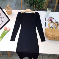 Square Neck Ribbed Thicken Warm Knitted Dresses