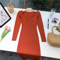 Square Neck Ribbed Thicken Warm Knitted Dresses