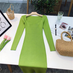 Square Neck Ribbed Thicken Warm Knitted Dresses