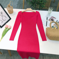 Square Neck Ribbed Thicken Warm Knitted Dresses