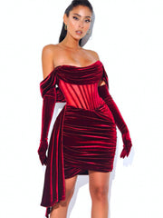 Burgundy Draping Off Shoulder Corset Dress 2022