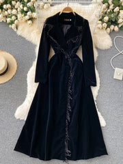 Autumn Winter Women Black Velvet Dress Vintage